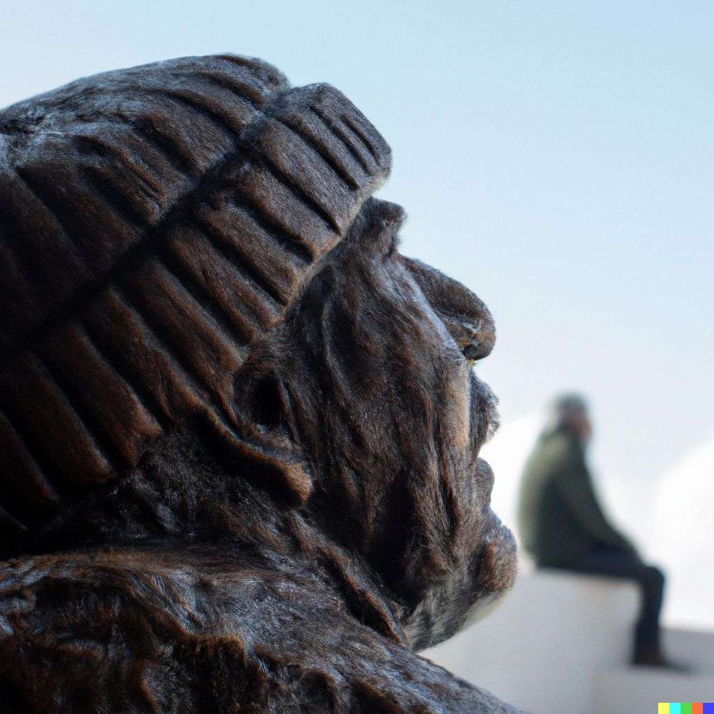 someone gazing at Mount Everest, bronze sculpture